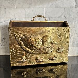 Vintage Brass Repousse Mama and Baby Ducks Swimming Magazine Rack Holder
